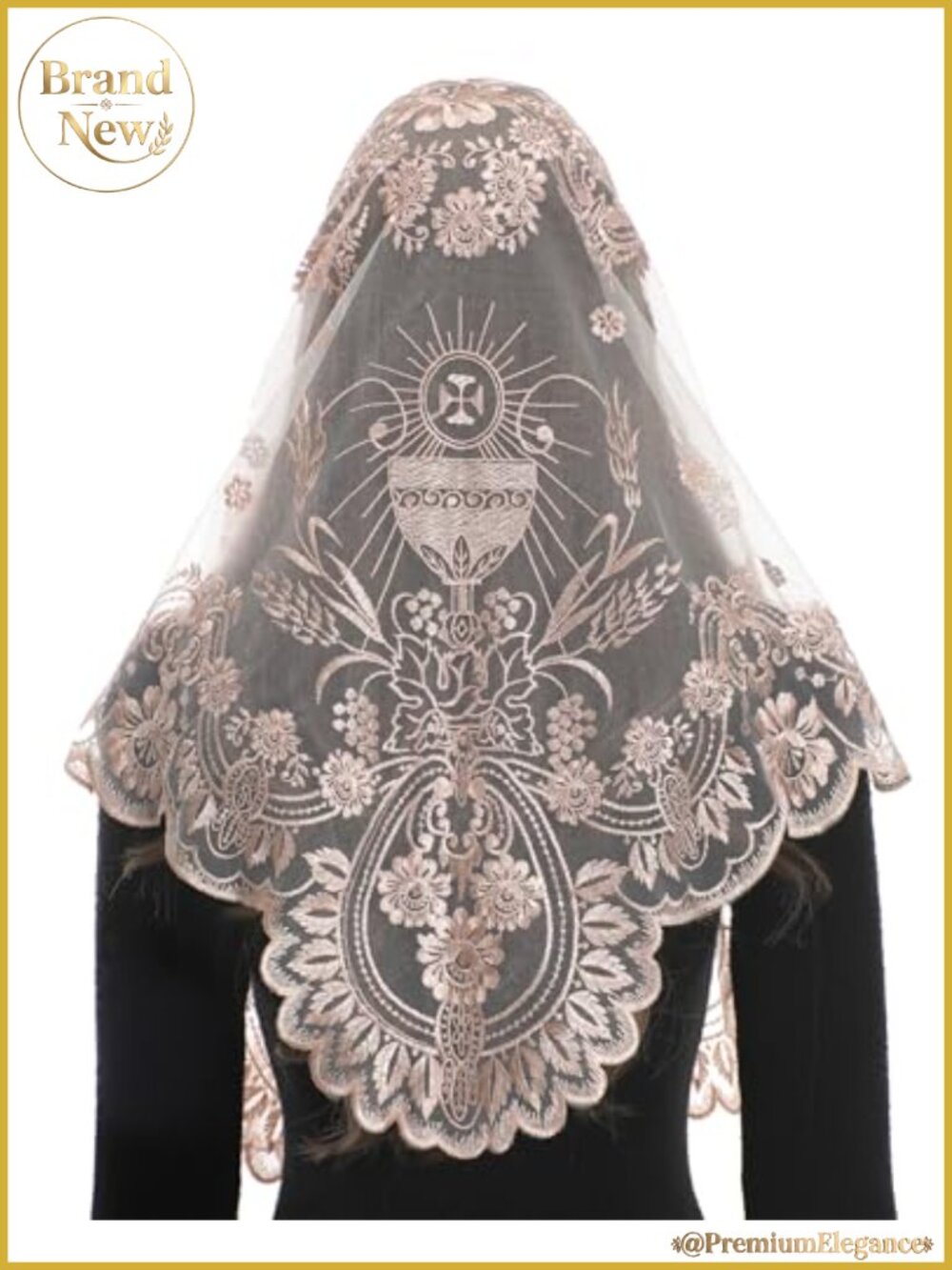 Traditional Lace Catholic Mantilla Chapel Veil with Chalice Embroidery
